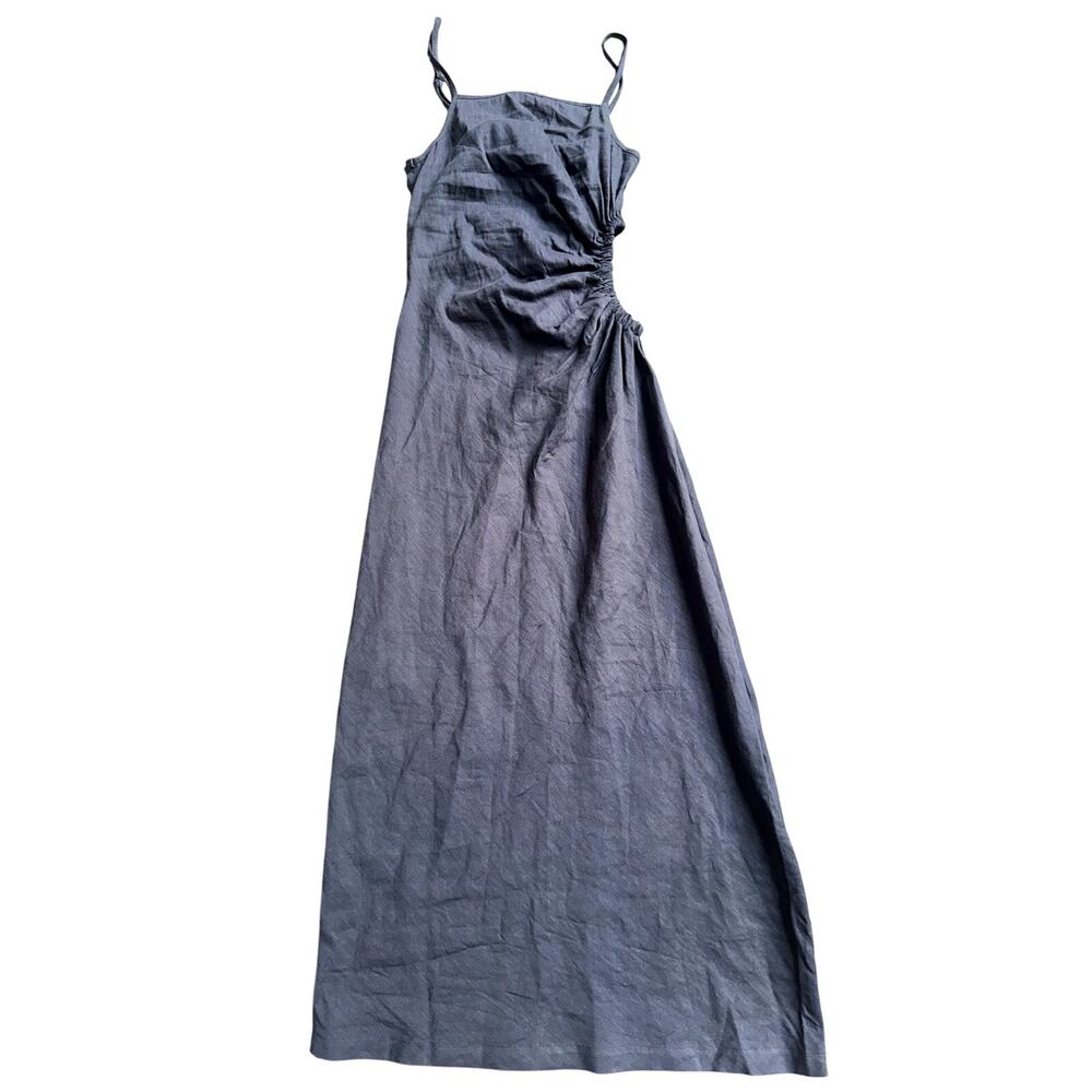 MONROW Linen Slip Dress Charcoal Gray Ruched Cutout Size S NWT